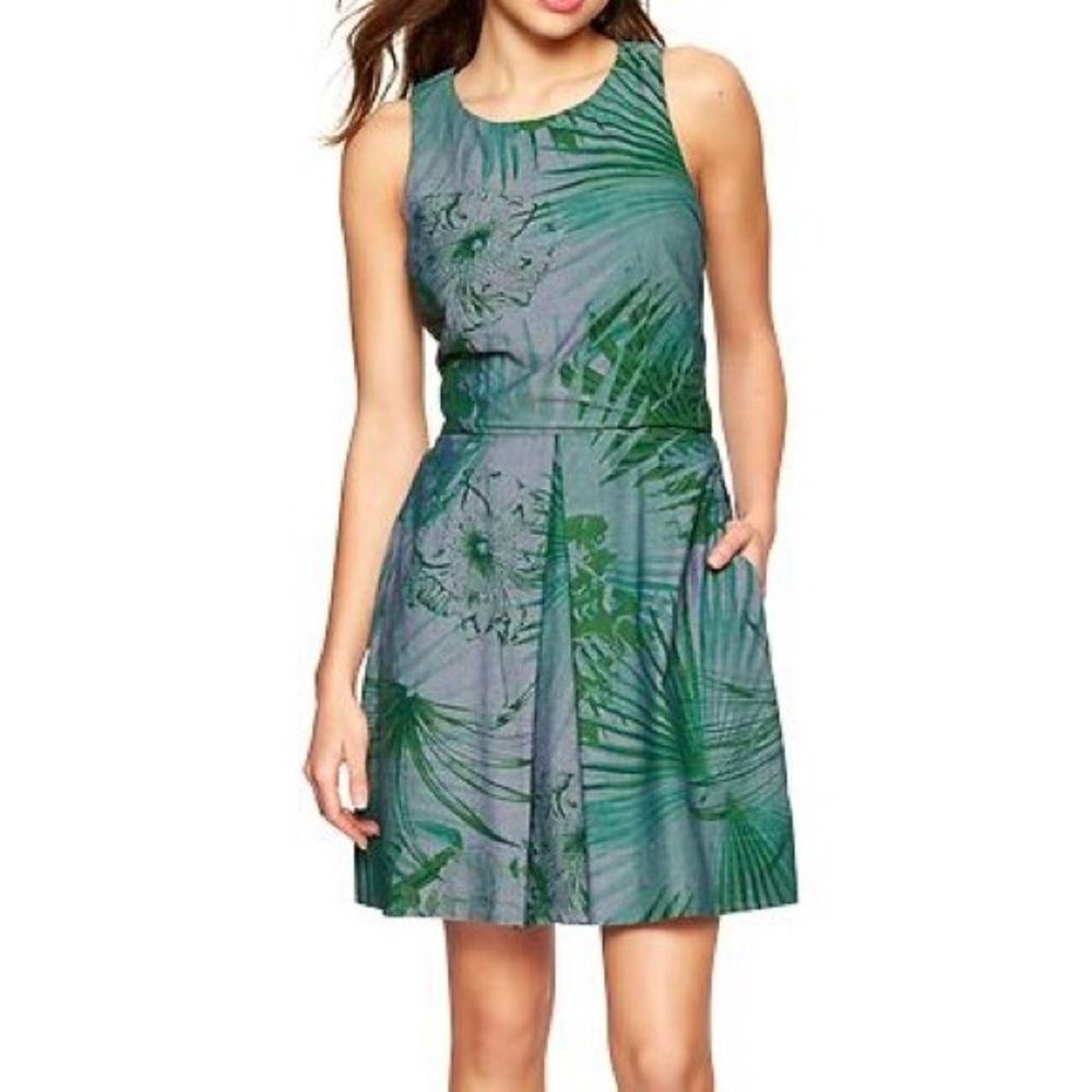Gap Tropical Print Chambray‎ Pleat Skirt Mini Sundress Dress Blue Green 4 Petite
